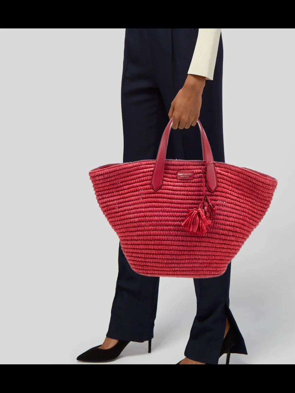 kate spade red woven raffia tote with tassel - Picture 4 of 5
